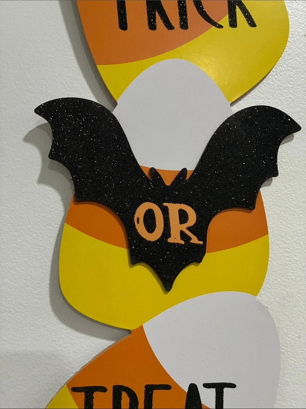 NWT 25”-Trick or Treat- Candy Corn & Bat- Glittered Wooden Halloween Decor Sign